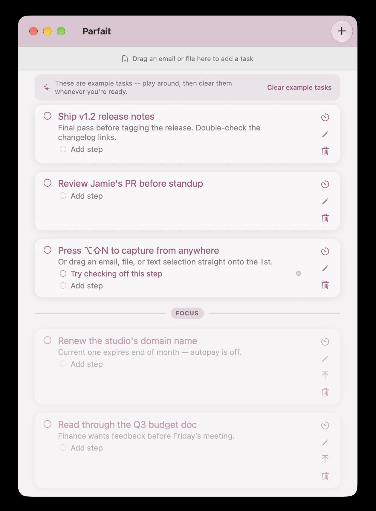 Parfait's main task list with the Focus divider separating today's tasks from someday