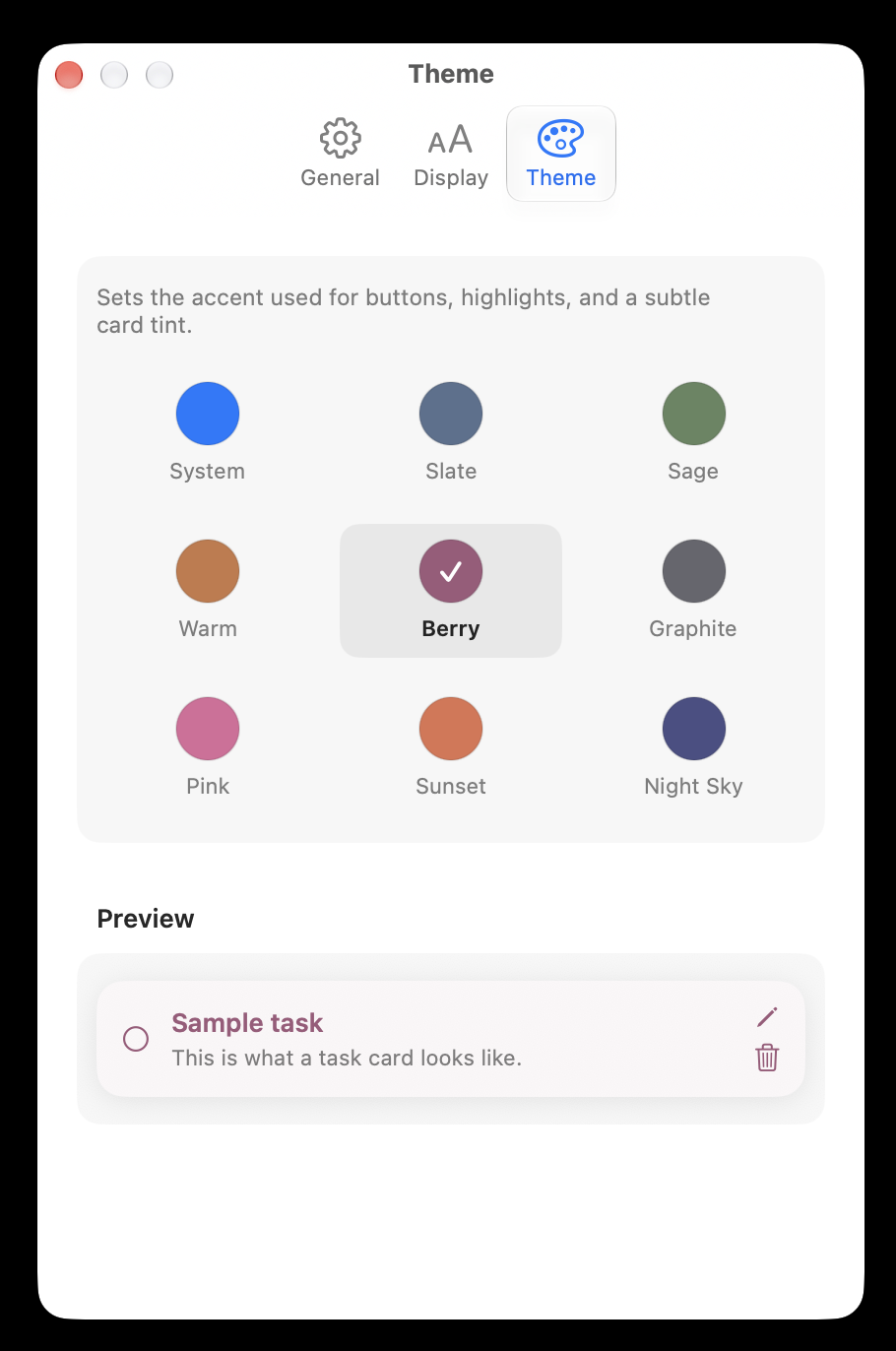 Parfait's theme settings with nine accent color options