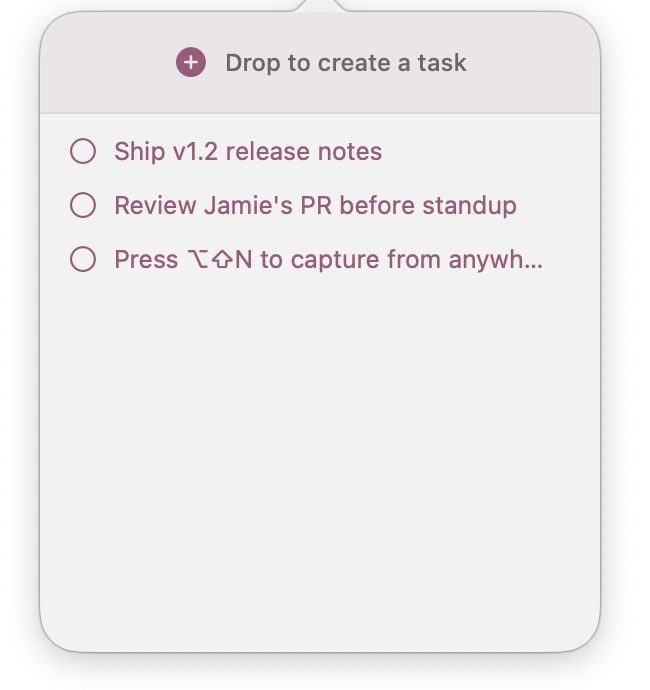 Parfait's menu bar popover showing today's focused tasks