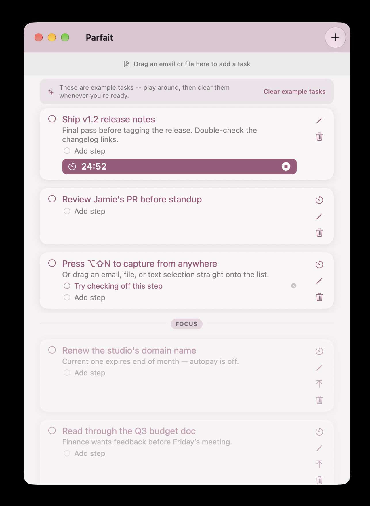 A task card in Parfait with a running focus-session timer